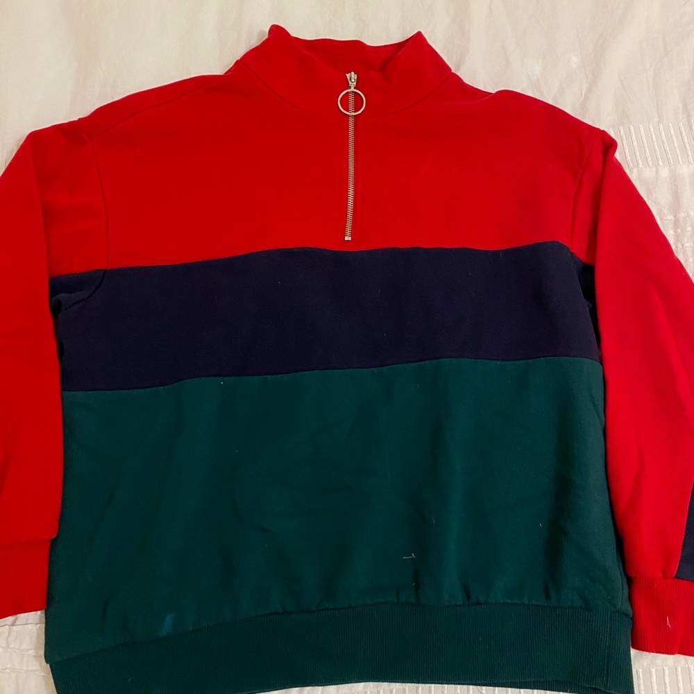 Red blue green striped sweatshirt